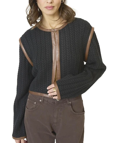 Central Park West Women's Atlas Leather Trim Cable Cardi