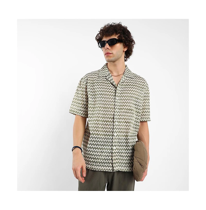 Campus Sutra Men's Olive Green & Powder White Chevron-Striped Oversized Shirt