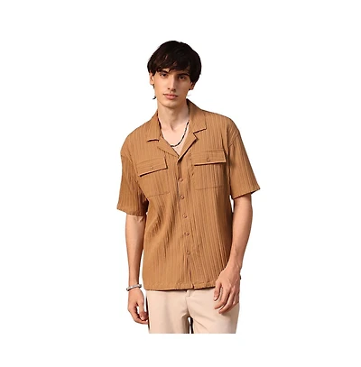 Campus Sutra Men's Camel Brown Tactile-Lined Oversized Shirt