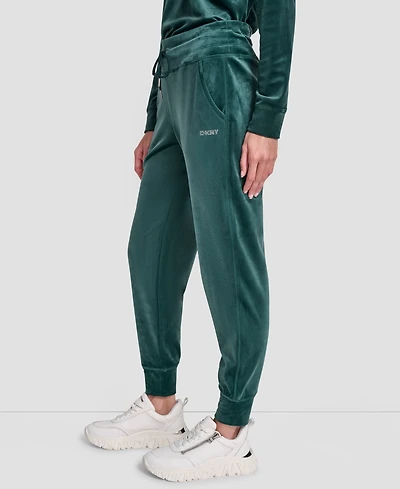 Dkny Women's Platinum Velour Rhinestone Logo Slim Fit Joggers
