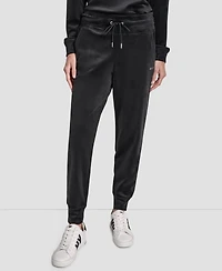 Dkny Women's Platinum Velour Rhinestone Logo Slim Fit Joggers