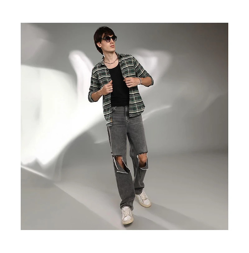 Campus Sutra Men's Pine Green Woven Plaid Shirt