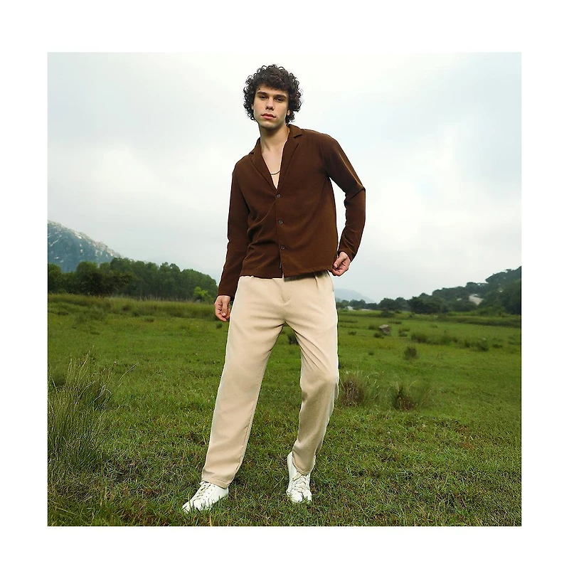 Campus Sutra Men's Chocolate Brown Ribbed Oversized Shirt