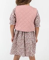 Rare Editions Little Girls Floral Corduroy Dress with Quilted Vest, 2 pc