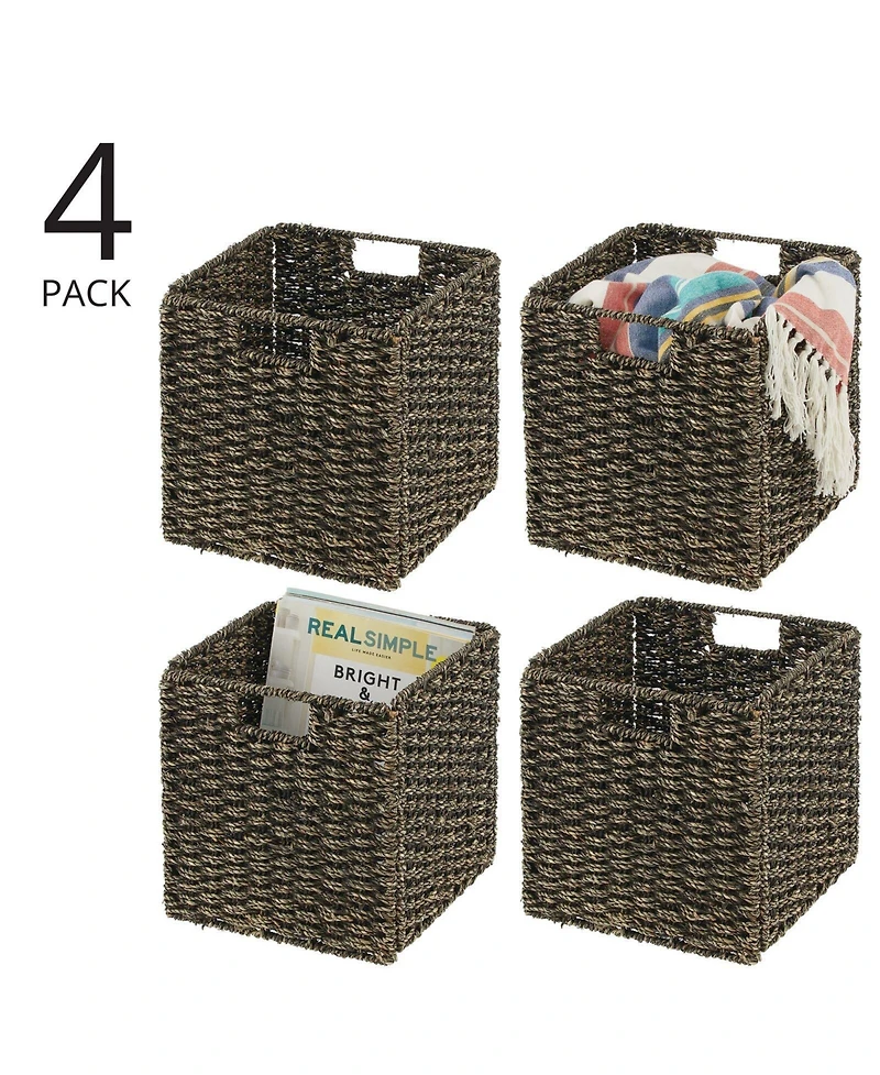 mDesign Seagrass Woven Cube Bin Basket Organizer, Handles, 4 Pack, Black Wash
