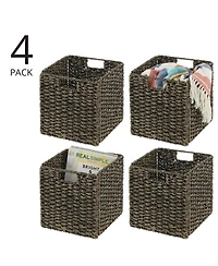 mDesign Seagrass Woven Cube Bin Basket Organizer, Handles, 4 Pack, Black Wash