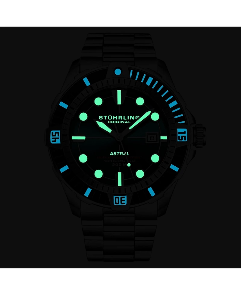 Stuhrling Men s Astral Diver 44mm Swiss Automatic Watch, Teal Dial, Stainless Steel Bracelet, Rotating Bezel, 200M Water Resistant