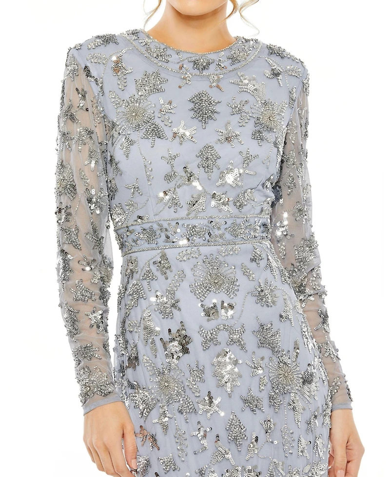 Mac Duggal Women's High Neck Long Sleeve Embellished Column Gown