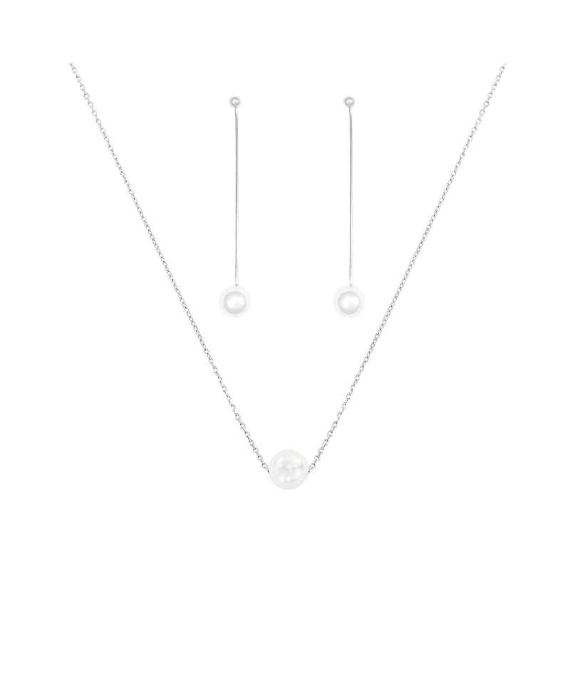 Sterling Silver 18k Gold Plated Abby Single Cultured Pearl Necklace & Dangled Drop Earrings Set