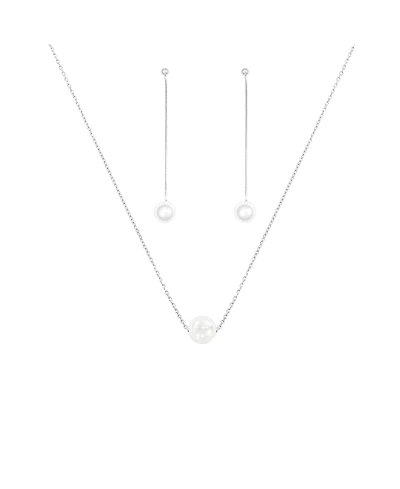 Sterling Silver 18k Gold Plated Abby Single Cultured Pearl Necklace & Dangled Drop Earrings Set