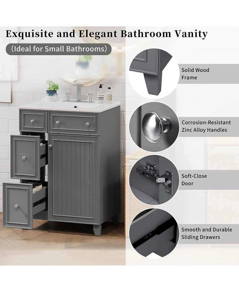 Casainc 24" Bathroom Vanity Cabinet with Ceramic Sink, 2 Drawers and 1 Soft-Close Door