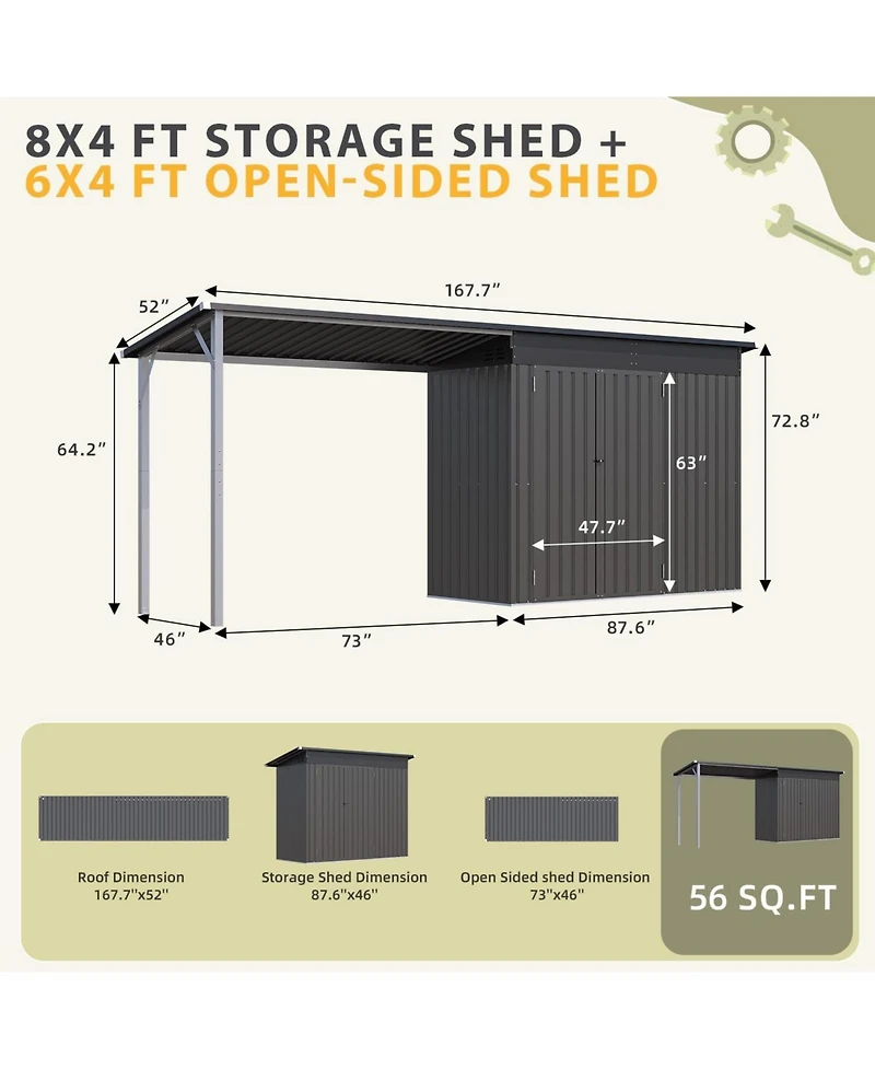 Aecojoy 4'x14' Outdoor Open-Sided Storage Shed with Attached Hardtop Metal Pergola