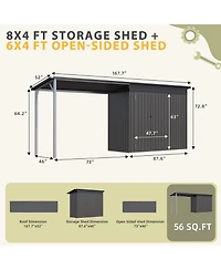 Aecojoy 4'x14' Outdoor Open-Sided Storage Shed with Attached Hardtop Metal Pergola