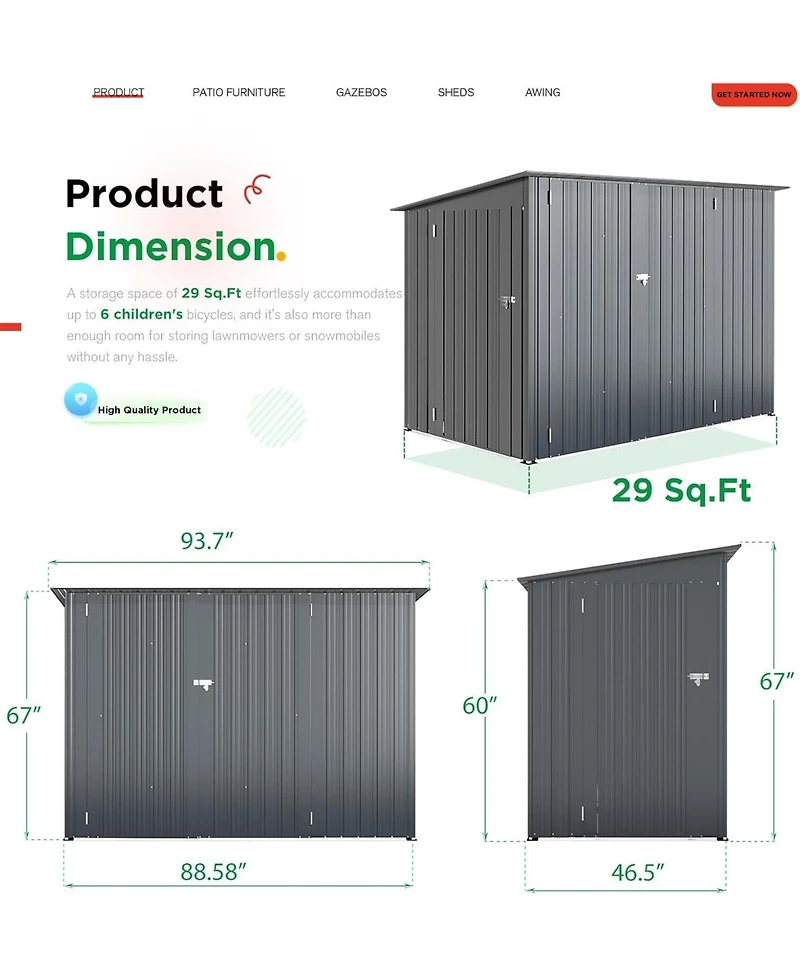 Aecojoy 7.5'x4' Outdoor Horizontal Bike Storage Shed with Triple Lockable Door