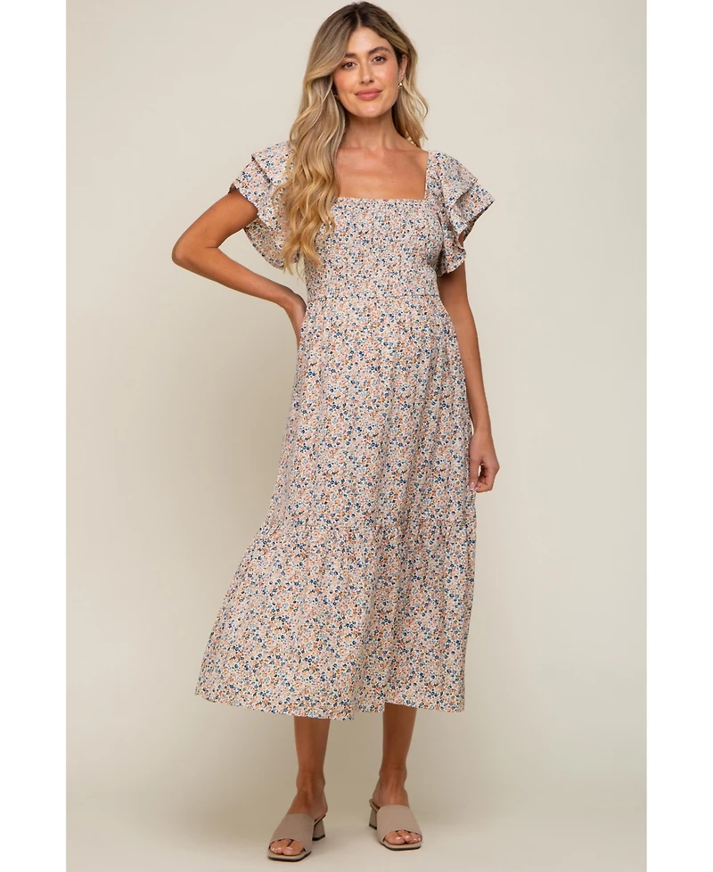 Cream Floral Flutter Maternity Midi Dress