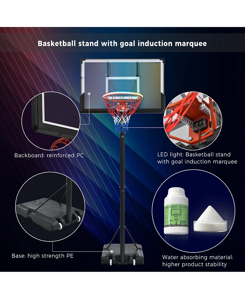10ft Adjustable Portable Basketball Hoop with Led Lights and Heavy Duty Base
