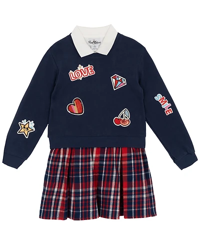 Rare Editions Little Girls Polo Collar & Plaid Skirt Dress with Patch-Covered Sweatshirt, 2 pc