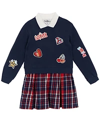 Rare Editions Little Girls Polo Collar & Plaid Skirt Dress with Patch-Covered Sweatshirt, 2 pc