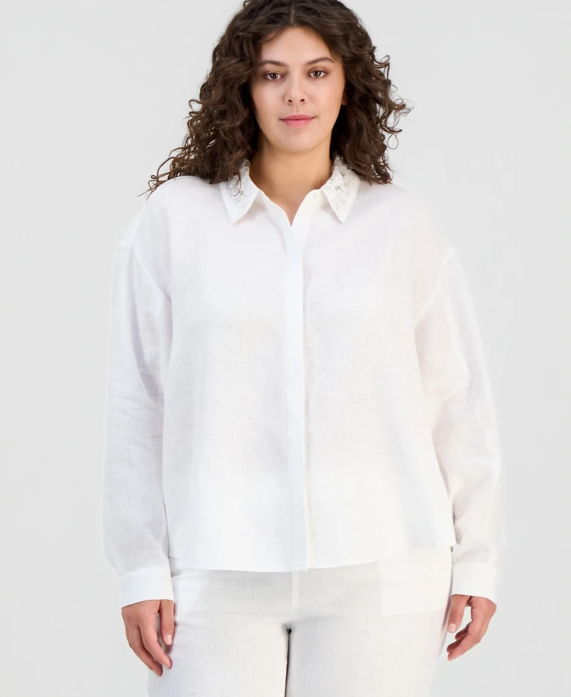 Charter Club Plus Linen Beaded-Collar Long-Sleeve Blouse, Macy's Exclusive