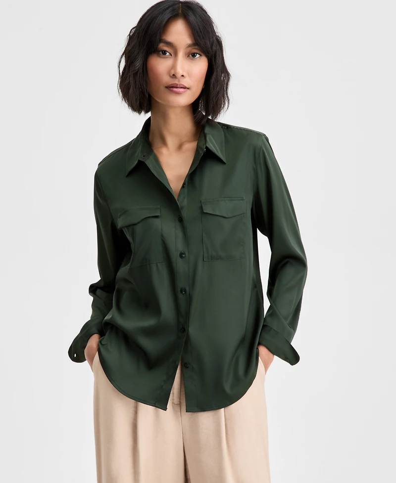 On 34th Women's Button-Front Long-Sleeve Satin Utility Shirt, Created for Macy's
