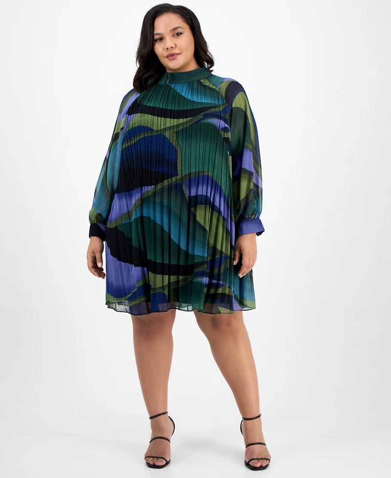 London Times Plus Printed Pleated Blouson-Sleeve Shift Dress