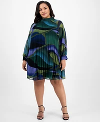 London Times Plus Printed Pleated Blouson-Sleeve Shift Dress