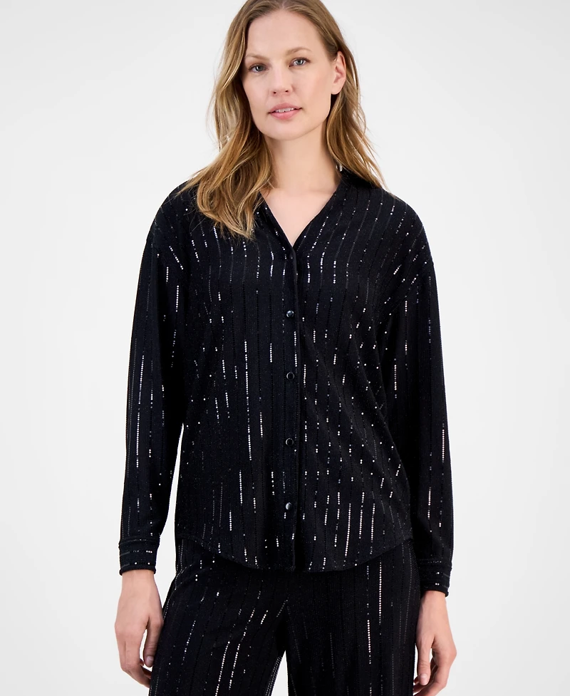 Anne Klein Women's Metallic-Stripe Split-Neck Blouse