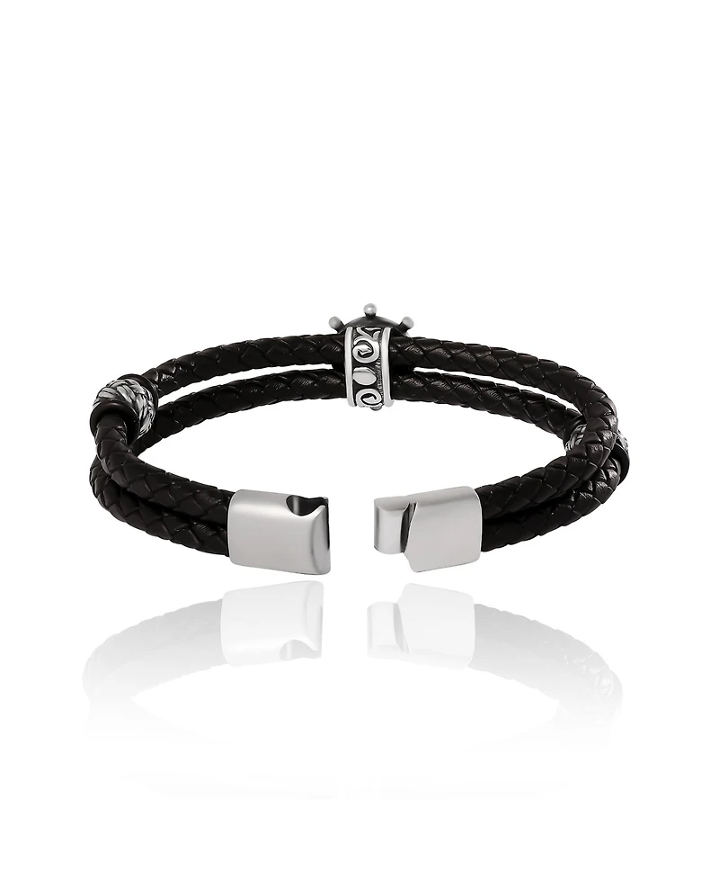 Lucky Brand Mens Nautical Wheel Black Braided Leather Bracelet