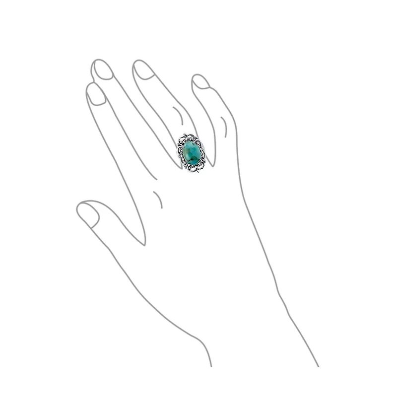 Bling Jewelry Western Style Filigree Oval Cabochon Full Finger Statement Blue Turquoise Ring Oxidized Sterling Silver