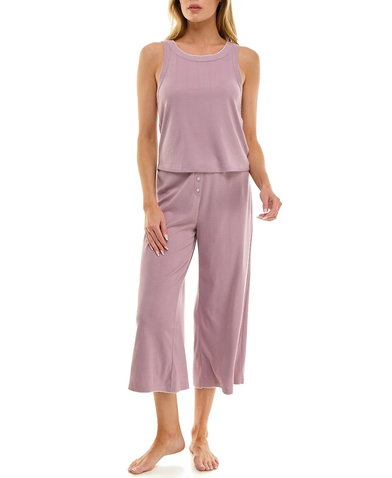 Roudelain Women's 2-Piece Contrast Binding Sleeveless T-Shirt and Pajama Set