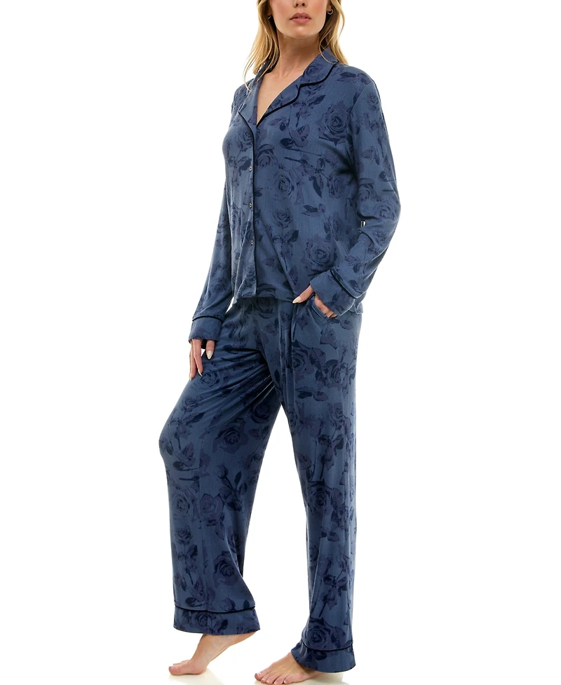 Roudelain Women's 2-Piece Long Sleeve Top and Printed Pajama Set