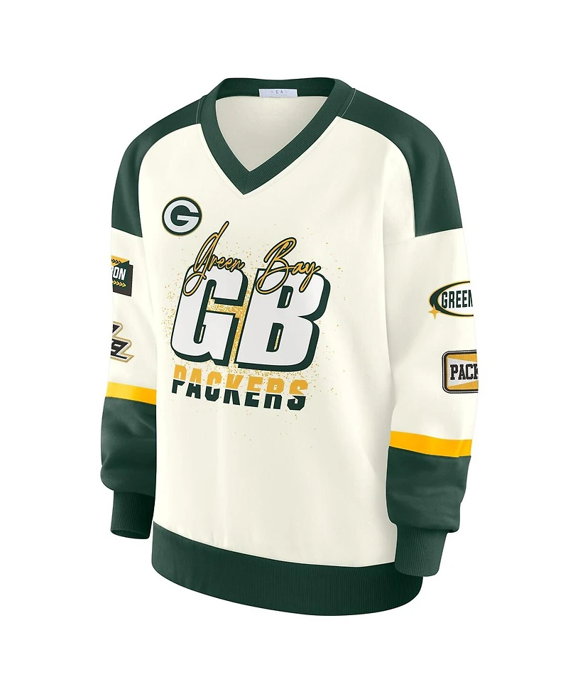 Wear by Erin Andrews Women's Cream Green Bay Packers Racing Crew V-Neck Sweatshirt