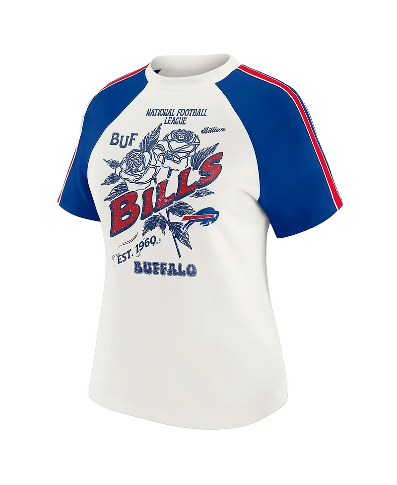 Wear by Erin Andrews Women's White Buffalo Bills Sleeve Stripe Distressed Raglan T-Shirt