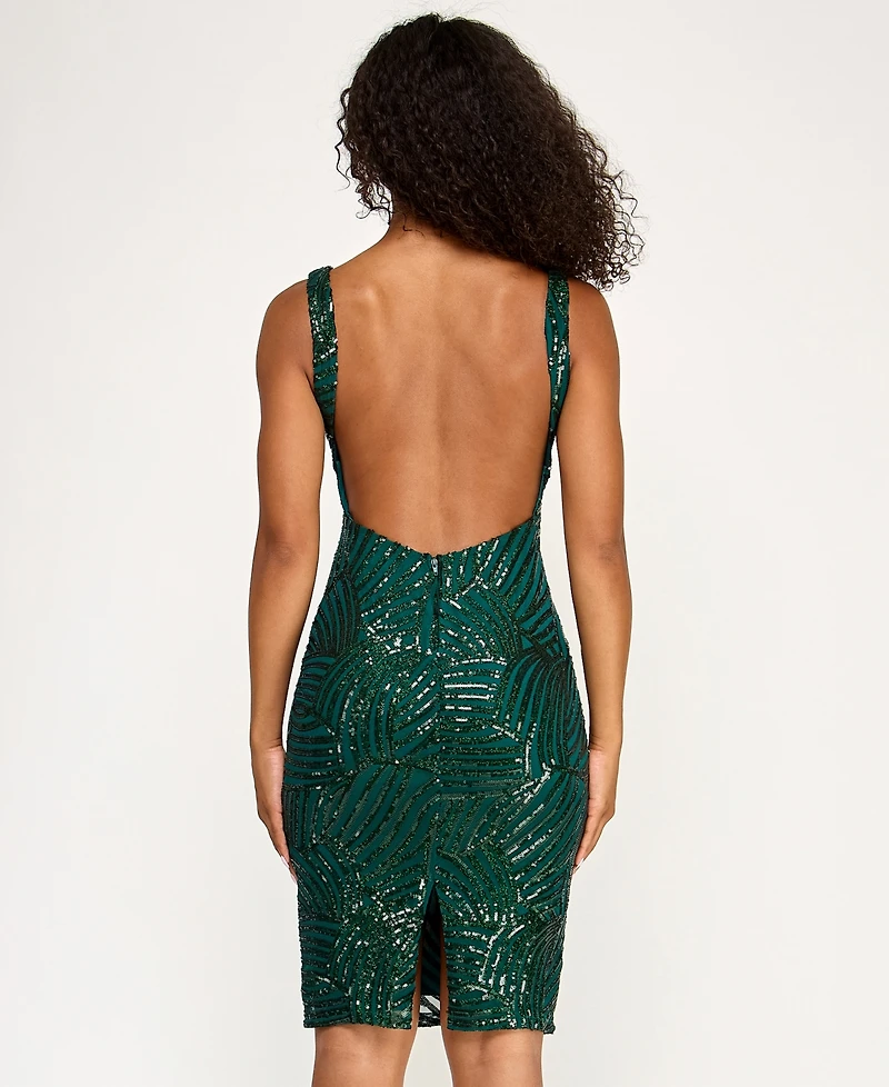 Seni & Cade Juniors' Sequin Plunge Neck Midi Low-Back Dress