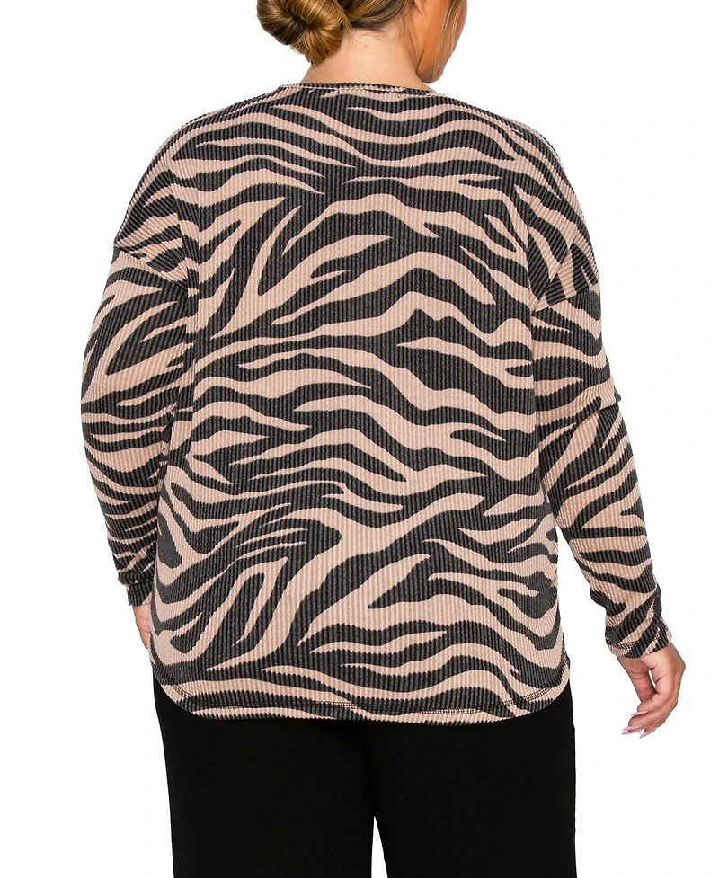 Coin 1804 Plus Size Textured Zebra V Neck Dolman Top