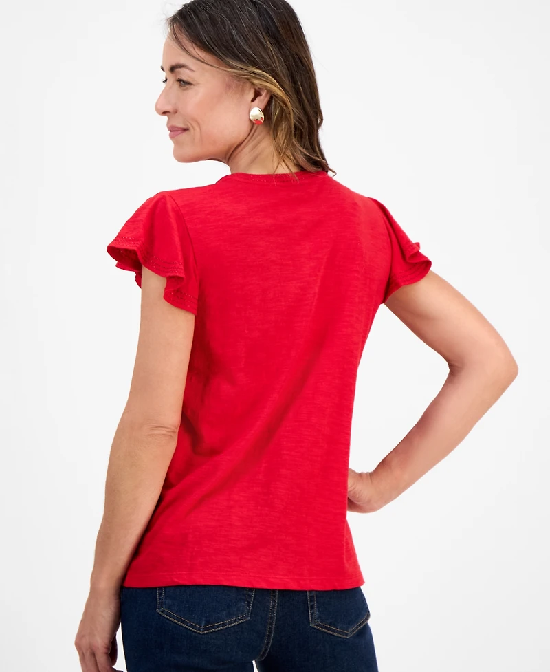 Style & Co Petite Cotton Embroidered Flutter-Sleeve Knit Top, Macy's Exclusive