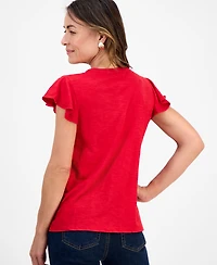 Style & Co Petite Cotton Embroidered Flutter-Sleeve Knit Top, Macy's Exclusive