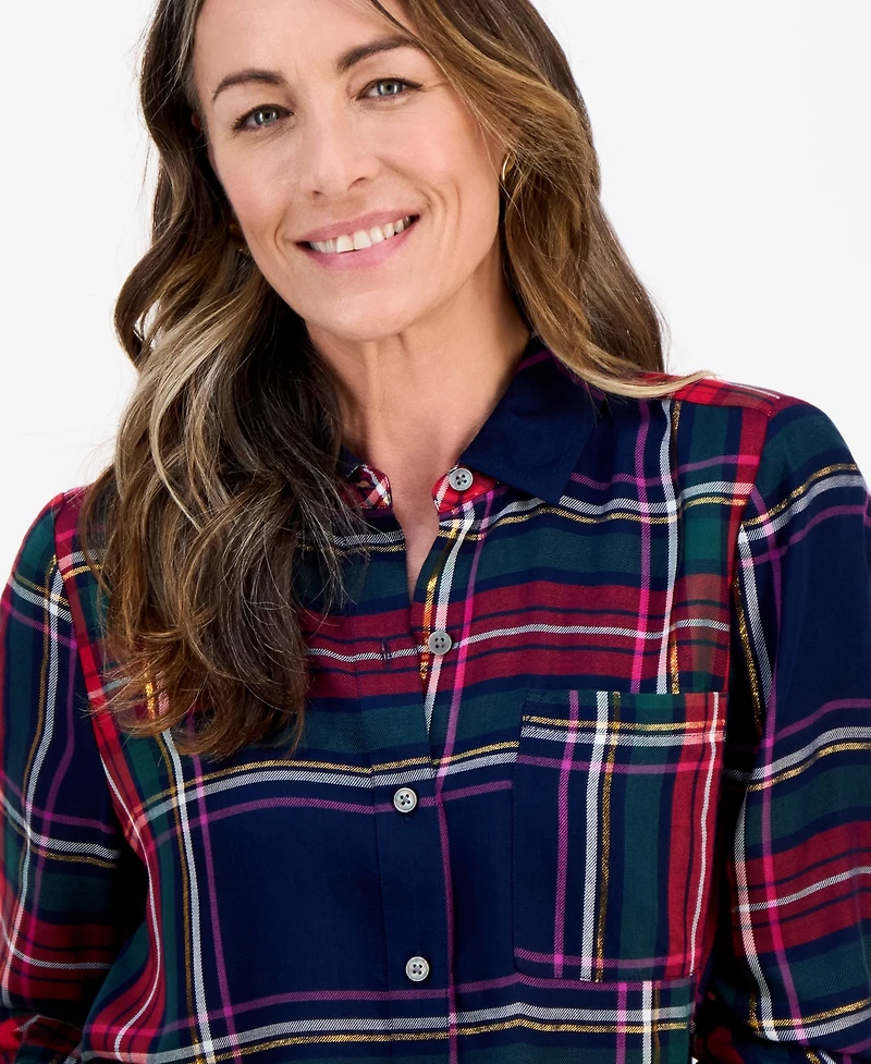 Style & Co Petite Festive Plaid Perfect Long-Sleeve Shirt, Macy's Exclusive