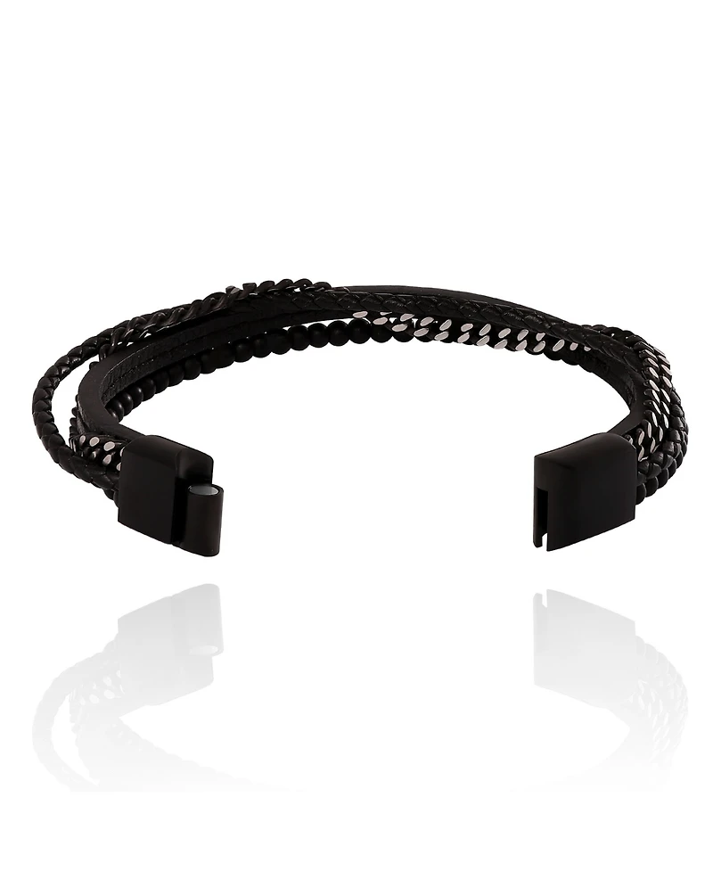 Lucky Brand Mens All Black Beaded & Leather Layered Bracelet with Magnetic Clasp