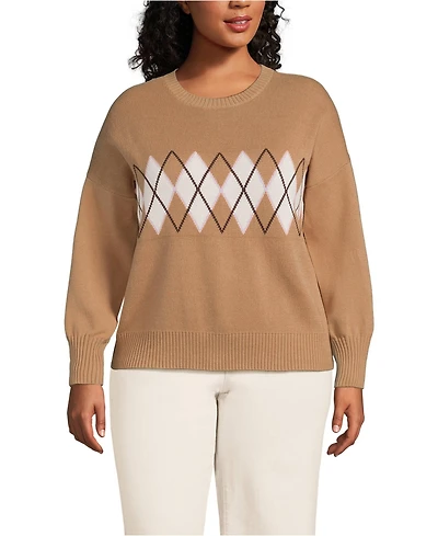 Lands' End Women's Plus Cotton Drifter Argyle Crew Neck Sweater