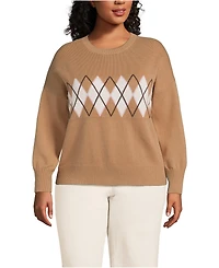 Lands' End Women's Plus Cotton Drifter Argyle Crew Neck Sweater