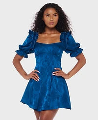 B Darlin Women's Puff Sleeve Pleated Short Dress