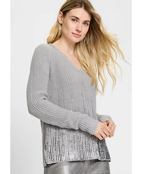 Olsen Women's V-Neck Sweater with Silver Foil Embellishment