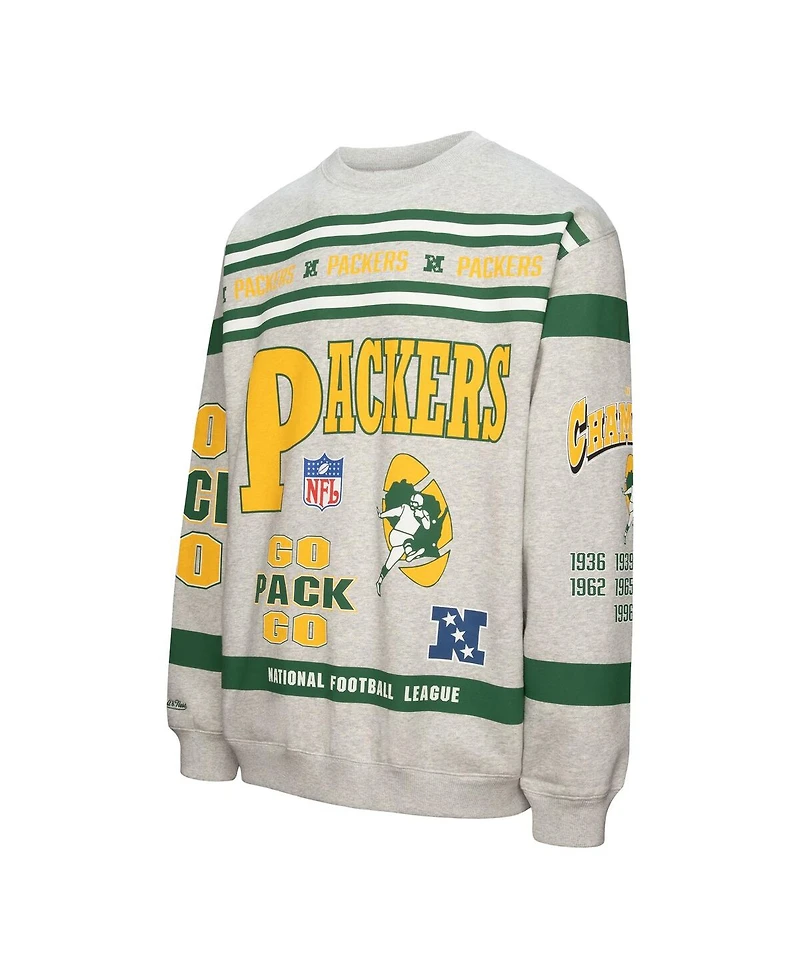 Mitchell & Ness Men's Heather Gray Green Bay Packers All Over Print Fleece Crewneck Sweatshirt