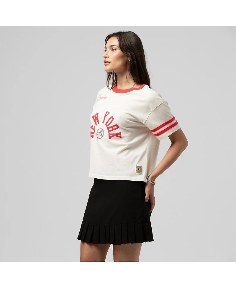 Mitchell & Ness Women's Cream New York Yankees Cooperstown Collection Cropped Yoke T-Shirt