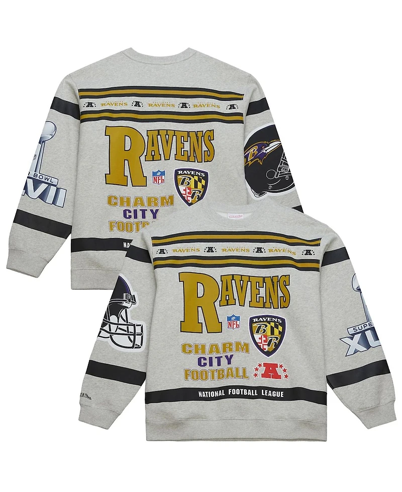 Mitchell & Ness Men's Heather Gray Baltimore Ravens All Over Print Fleece Crewneck Sweatshirt