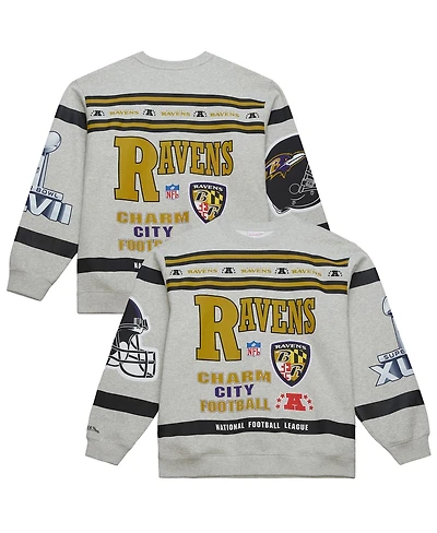 Mitchell & Ness Men's Heather Gray Baltimore Ravens All Over Print Fleece Crewneck Sweatshirt