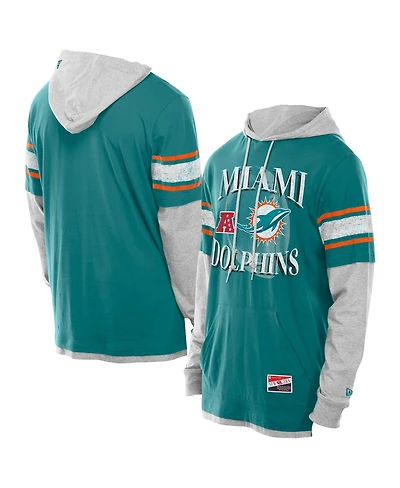 New Era Men's Aqua Miami Dolphins Twofer Layered Long Sleeve Hoodie T-Shirt