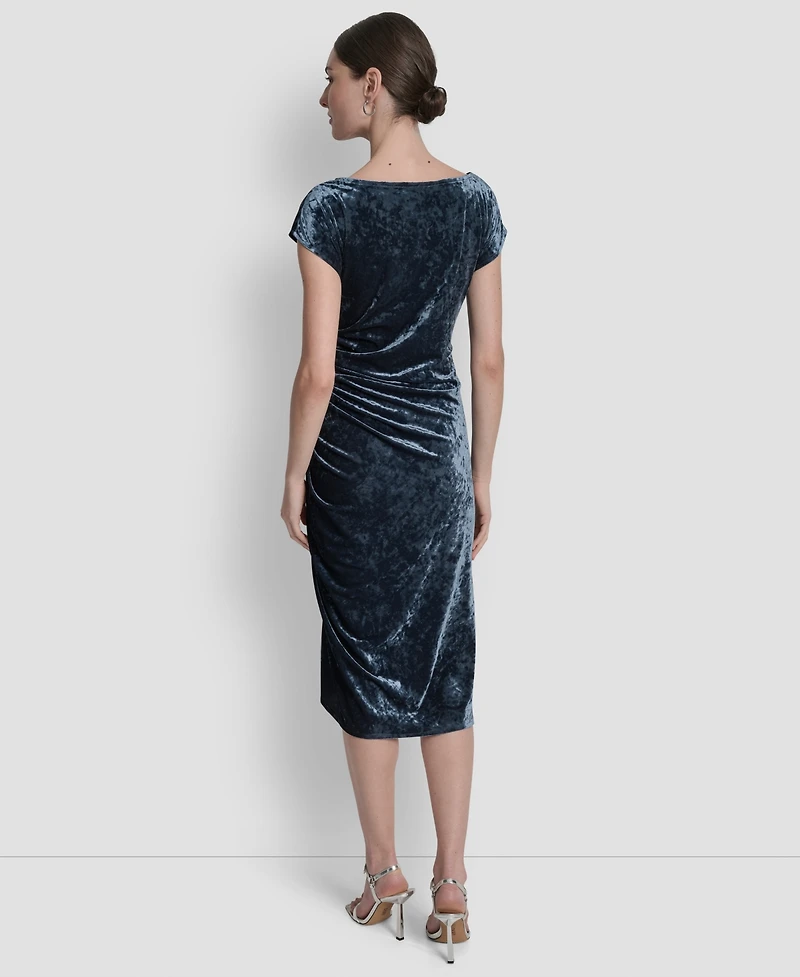 Dkny Women's Cap Sleeve Ruched Velvet Midi Dress