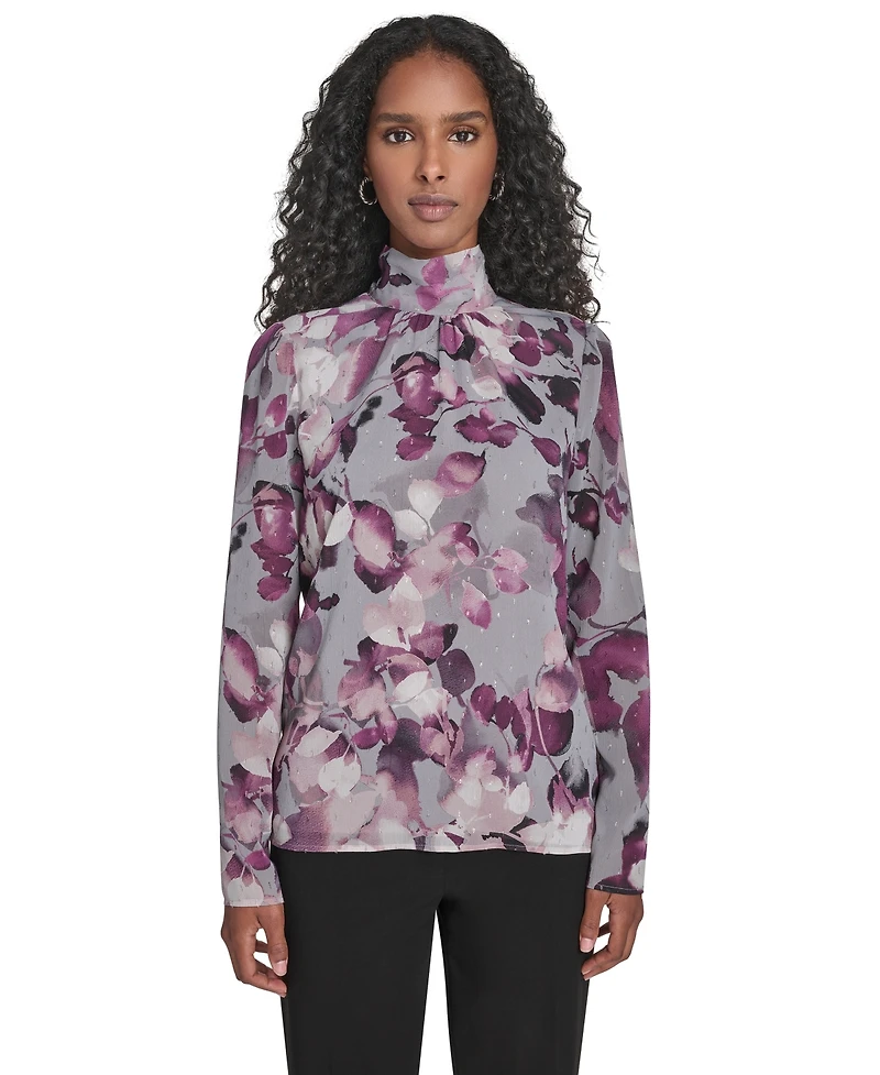 Calvin Klein Women's Mock Neck Long Sleeve Chiffon Blouse